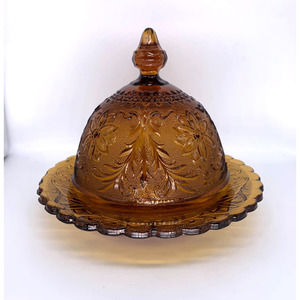 Vintage Indiana Tiara Sandwich Glass Covered Dish Amber Butter Cheese Dome Lid